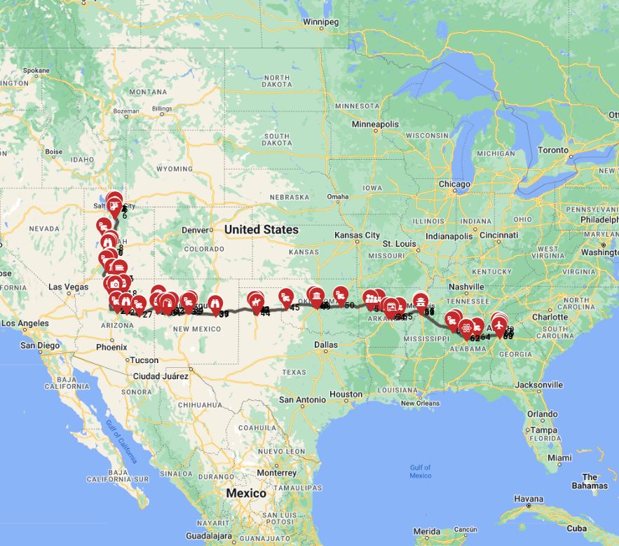 Map for Salt Lake City to Atlanta - Canyons Culture and City Lights